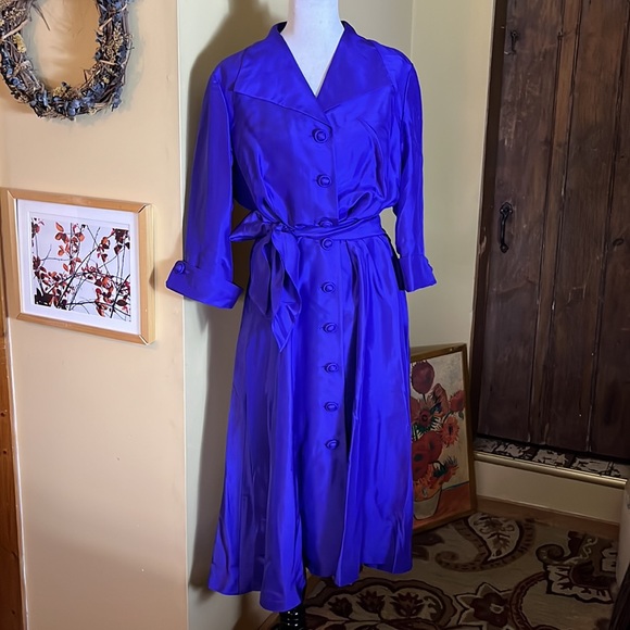 J PETERMAN Co Size 20 Dupioni Silk Fit-n-Flair Shirt-Dress Blue Purple $359 NEW